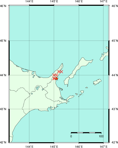 推定した震源の位置