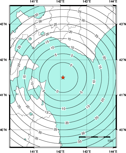 緊急地震速報第1報提供から主要動到達までの時間及び推計震度分布図