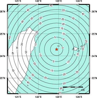 緊急地震速報第1報提供から主要動到達までの時間及び推計震度分布図
