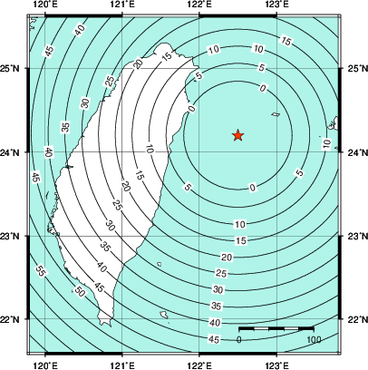 緊急地震速報第1報提供から主要動到達までの時間及び推計震度分布図