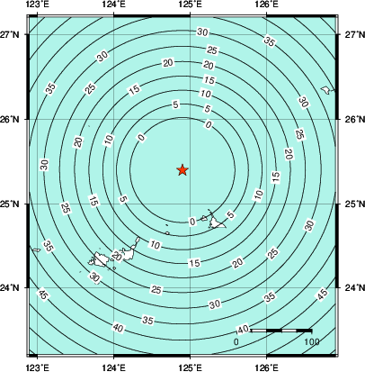 緊急地震速報第1報提供から主要動到達までの時間及び推計震度分布図