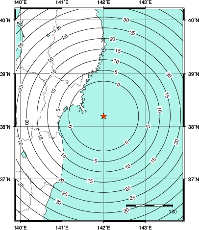緊急地震速報第1報提供から主要動到達までの時間及び推計震度分布図