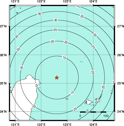 緊急地震速報第1報提供から主要動到達までの時間及び推計震度分布図