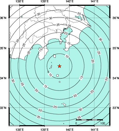 緊急地震速報第1報提供から主要動到達までの時間及び推計震度分布図