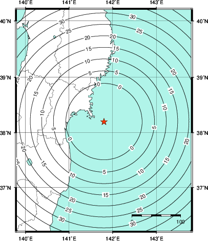 緊急地震速報第1報提供から主要動到達までの時間及び推計震度分布図