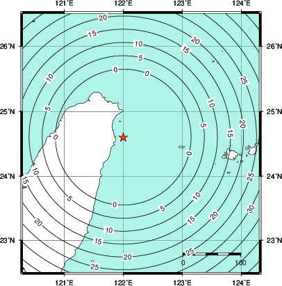 緊急地震速報第1報提供から主要動到達までの時間及び推計震度分布図