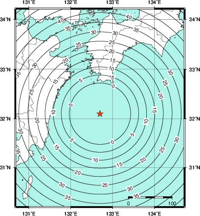 緊急地震速報第1報提供から主要動到達までの時間及び推計震度分布図