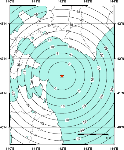 緊急地震速報第1報提供から主要動到達までの時間及び推計震度分布図