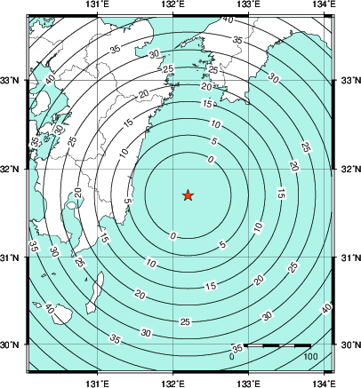 緊急地震速報第1報提供から主要動到達までの時間及び推計震度分布図
