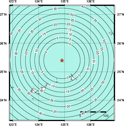緊急地震速報第1報提供から主要動到達までの時間及び推計震度分布図