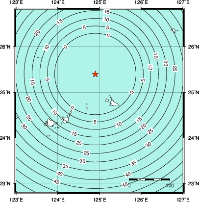緊急地震速報第1報提供から主要動到達までの時間及び推計震度分布図