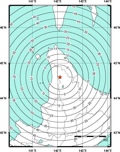 緊急地震速報第1報提供から主要動到達までの時間及び推計震度分布図