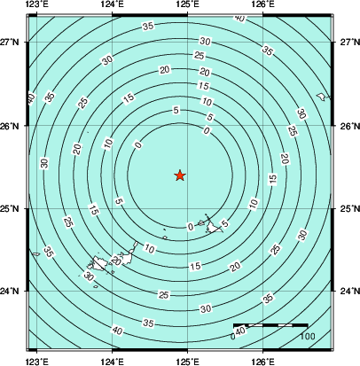 緊急地震速報第1報提供から主要動到達までの時間及び推計震度分布図