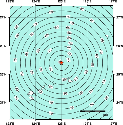 緊急地震速報第1報提供から主要動到達までの時間及び推計震度分布図