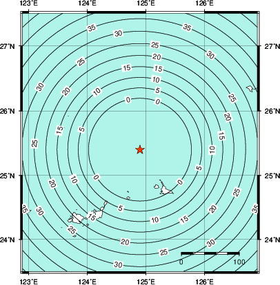 緊急地震速報第1報提供から主要動到達までの時間及び推計震度分布図