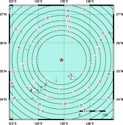 緊急地震速報第1報提供から主要動到達までの時間及び推計震度分布図