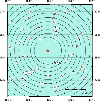 緊急地震速報第1報提供から主要動到達までの時間及び推計震度分布図