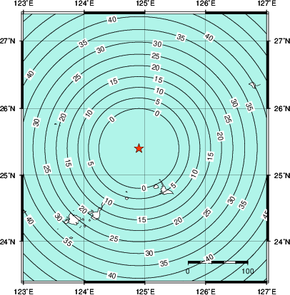 緊急地震速報第1報提供から主要動到達までの時間及び推計震度分布図