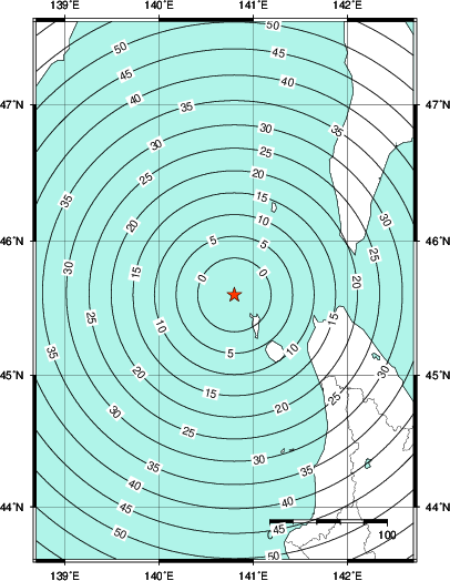 緊急地震速報第1報提供から主要動到達までの時間及び推計震度分布図
