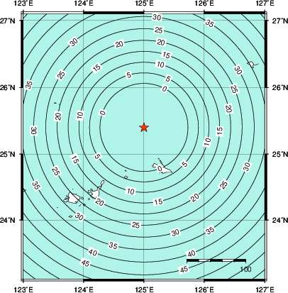 緊急地震速報第1報提供から主要動到達までの時間及び推計震度分布図