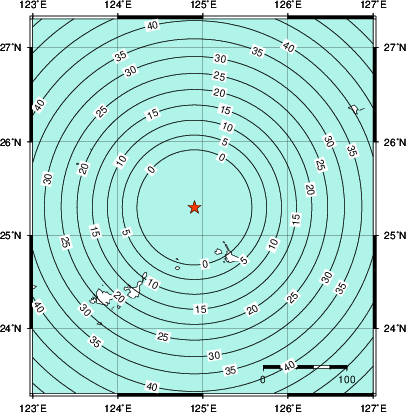 緊急地震速報第1報提供から主要動到達までの時間及び推計震度分布図