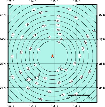 緊急地震速報第1報提供から主要動到達までの時間及び推計震度分布図