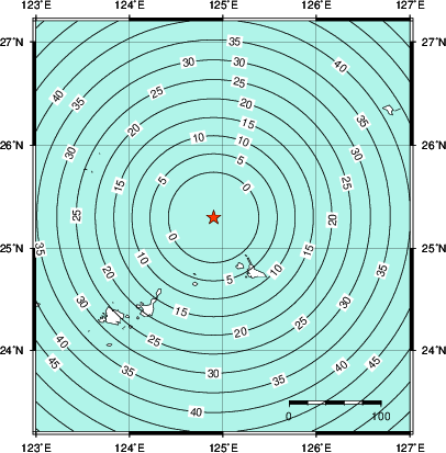 緊急地震速報第1報提供から主要動到達までの時間及び推計震度分布図