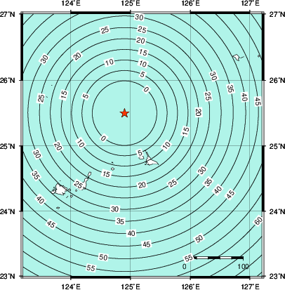 緊急地震速報第1報提供から主要動到達までの時間及び推計震度分布図
