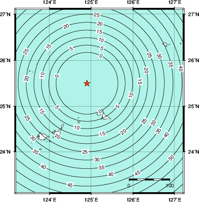 緊急地震速報第1報提供から主要動到達までの時間及び推計震度分布図