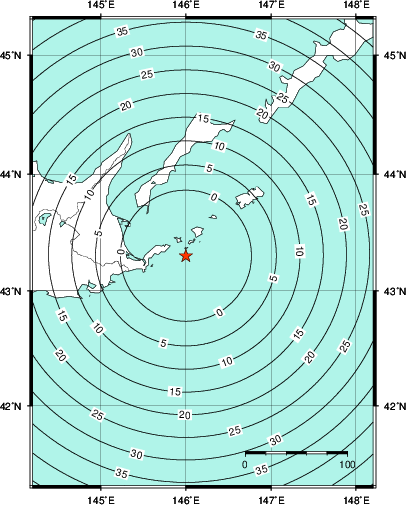 緊急地震速報第1報提供から主要動到達までの時間及び推計震度分布図