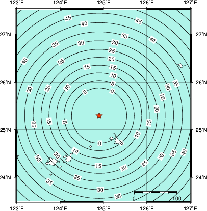 緊急地震速報第1報提供から主要動到達までの時間及び推計震度分布図