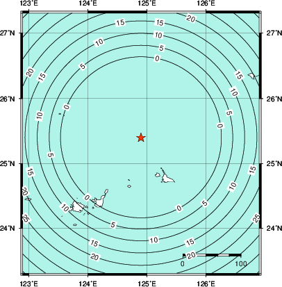 緊急地震速報第1報提供から主要動到達までの時間及び推計震度分布図