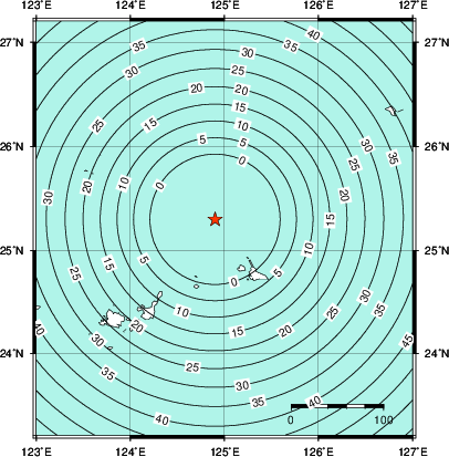 緊急地震速報第1報提供から主要動到達までの時間及び推計震度分布図