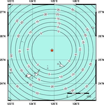 緊急地震速報第1報提供から主要動到達までの時間及び推計震度分布図