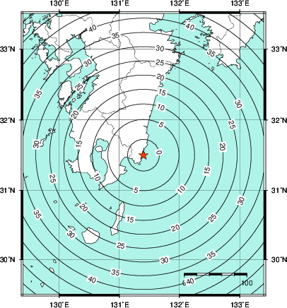 緊急地震速報第1報提供から主要動到達までの時間及び推計震度分布図