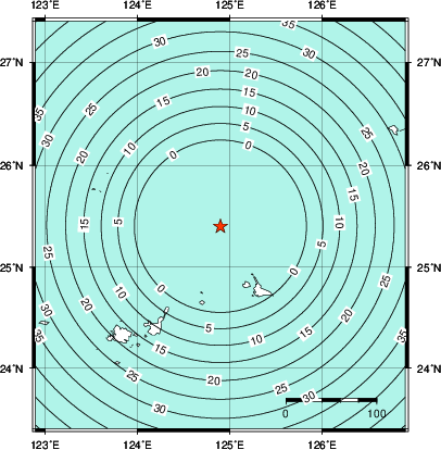 緊急地震速報第1報提供から主要動到達までの時間及び推計震度分布図
