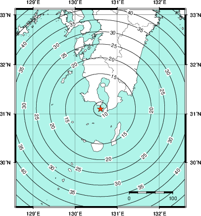 緊急地震速報第1報提供から主要動到達までの時間及び推計震度分布図