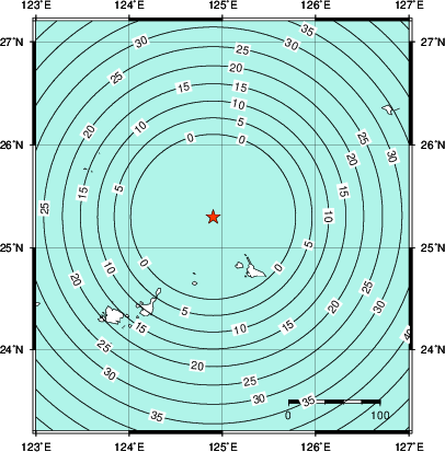 緊急地震速報第1報提供から主要動到達までの時間及び推計震度分布図