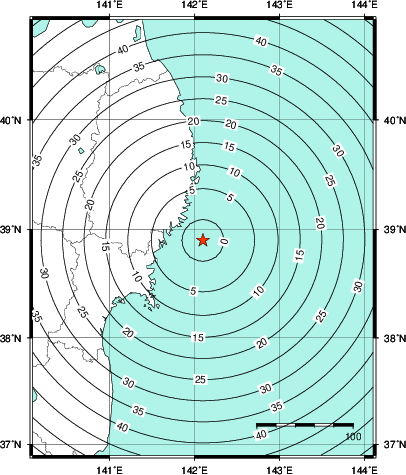 緊急地震速報第1報提供から主要動到達までの時間及び推計震度分布図
