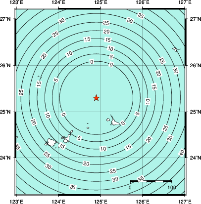 緊急地震速報第1報提供から主要動到達までの時間及び推計震度分布図