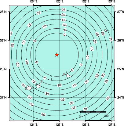 緊急地震速報第1報提供から主要動到達までの時間及び推計震度分布図