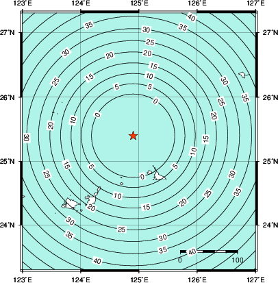 緊急地震速報第1報提供から主要動到達までの時間及び推計震度分布図