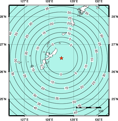 緊急地震速報第1報提供から主要動到達までの時間及び推計震度分布図