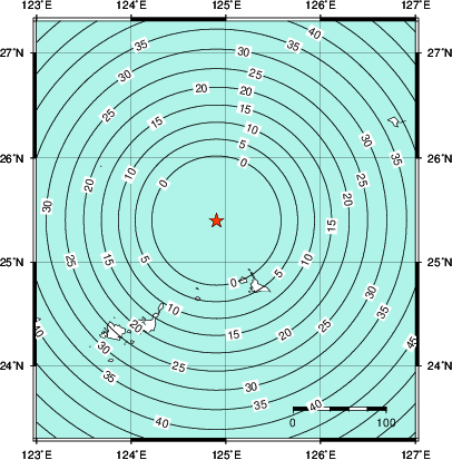 緊急地震速報第1報提供から主要動到達までの時間及び推計震度分布図