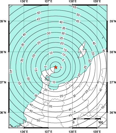 緊急地震速報第1報提供から主要動到達までの時間及び推計震度分布図