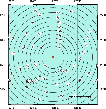 緊急地震速報第1報提供から主要動到達までの時間及び推計震度分布図