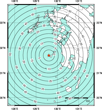 緊急地震速報第1報提供から主要動到達までの時間及び推計震度分布図