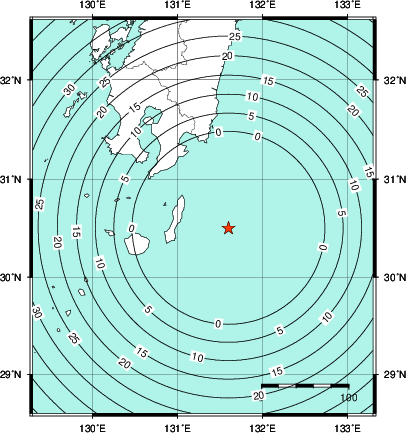 緊急地震速報第1報提供から主要動到達までの時間及び推計震度分布図