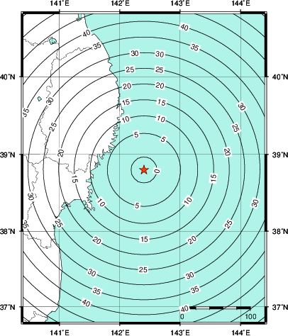 緊急地震速報第1報提供から主要動到達までの時間及び推計震度分布図