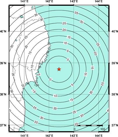 緊急地震速報第1報提供から主要動到達までの時間及び推計震度分布図